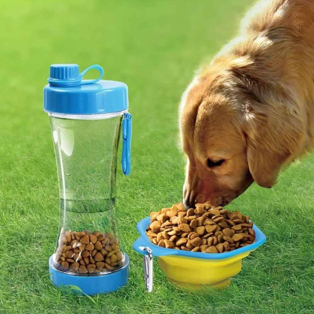 Dog Water Bottle with Food Container • 13.5 oz • Leakproof Travel Dispenser Blue